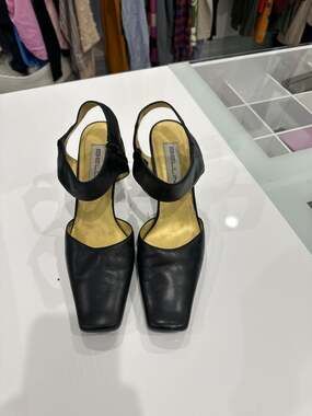 Vintage Bellini Black Leather Square Toe Slingback Block Heels
